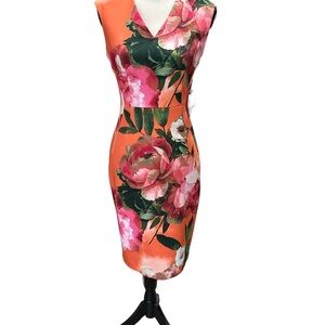Calvin Klein Orange Pink Sheath V-Neck Midi Dress